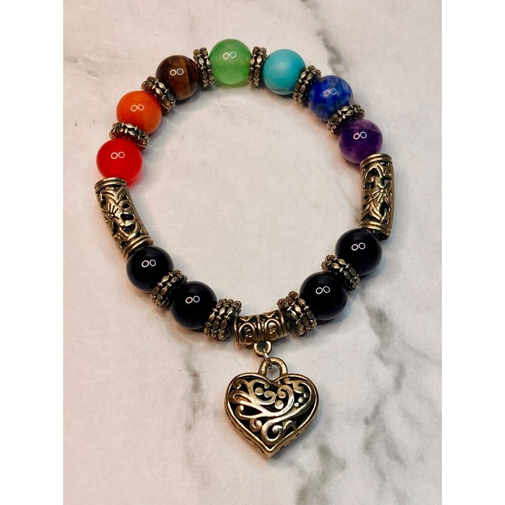 7 Chakra Healing Balance Beaded Stone Bracelet Heart Charm -119B